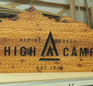 High Camp - cedar with chisel texture, v-carved lettering painted black