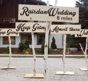 Wedding Signs - pine boards with black lettering mounted to birch branches