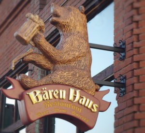 Baren Haus - hand carved HDU bear painted bronze, HDU scroll with raised letters