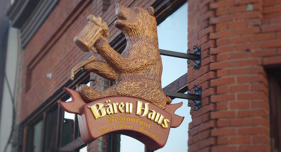 Baren Haus - hand carved HDU bear painted bronze, HDU scroll with raised letters