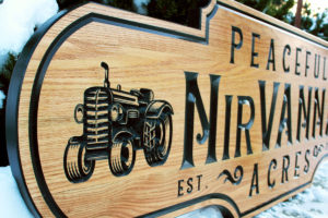 Farm Sign with wooden sign with tractor carving