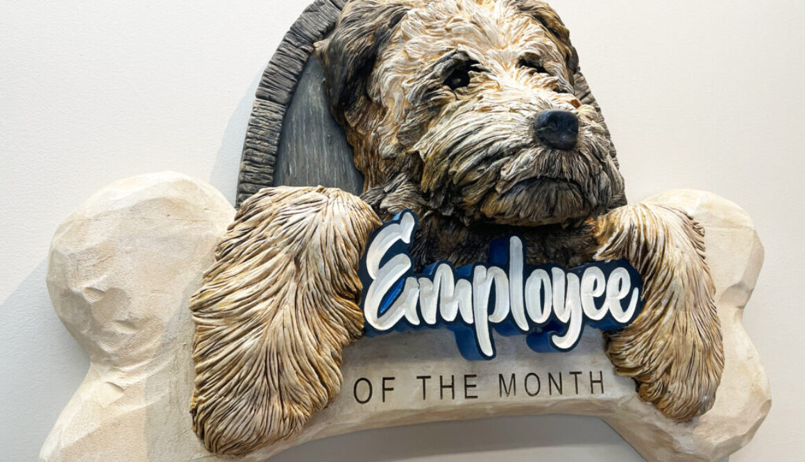 Employee of the month sign with 3D carved and sculpted dog and bone