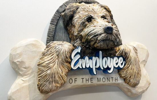 Employee of the month sign with 3D carved and sculpted dog and bone