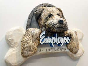 Employee of the month sign with 3D carved dog and bone