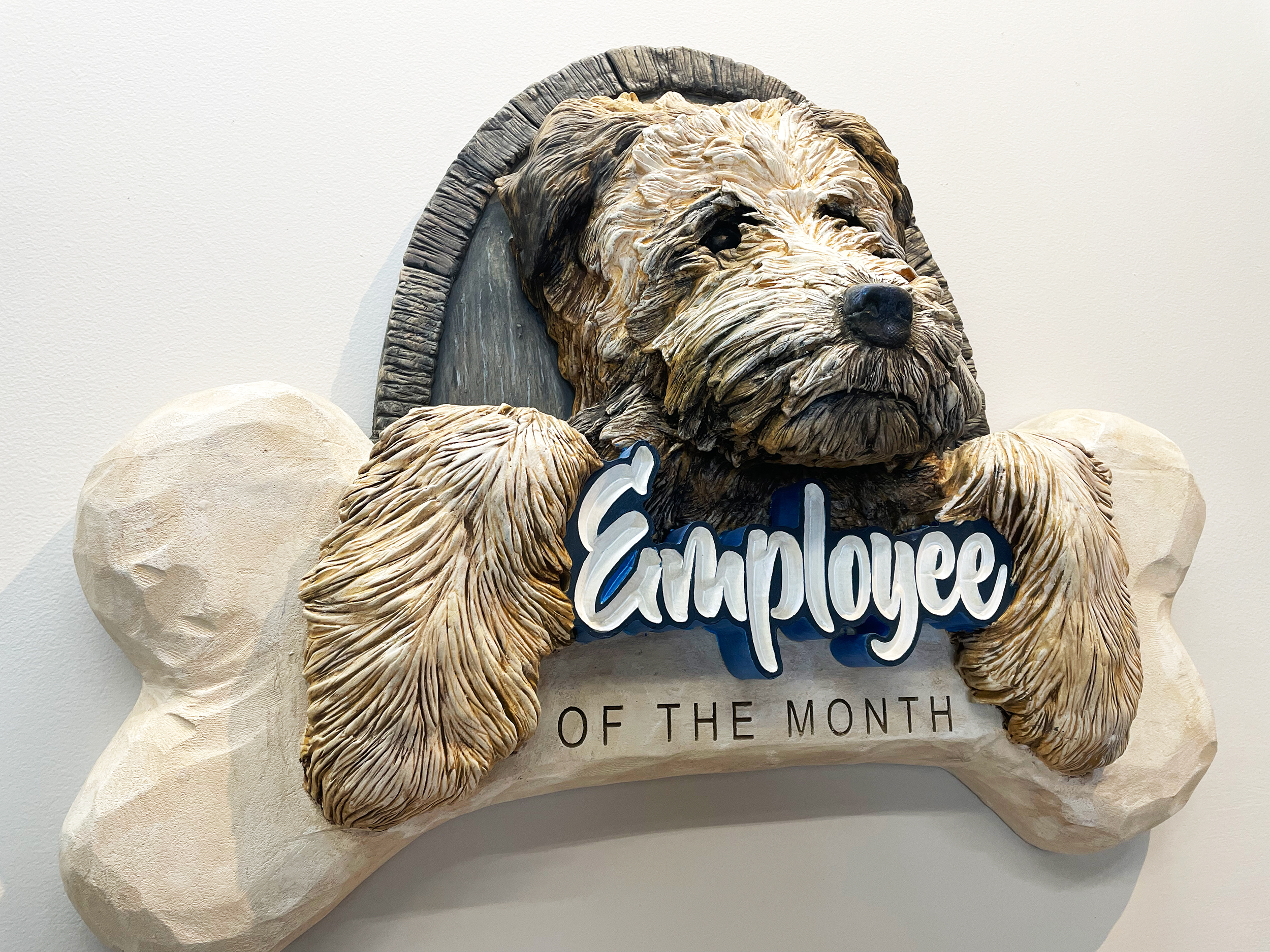 Employee of the month sign with 3D carved and sculpted dog and bone